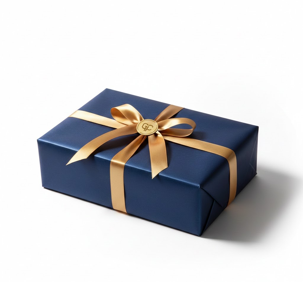 Corporate gift wrapping with navy blue paper and gold ribbon
